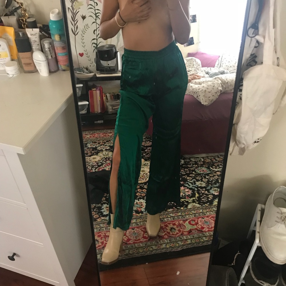 Satin green side slit jogger pants